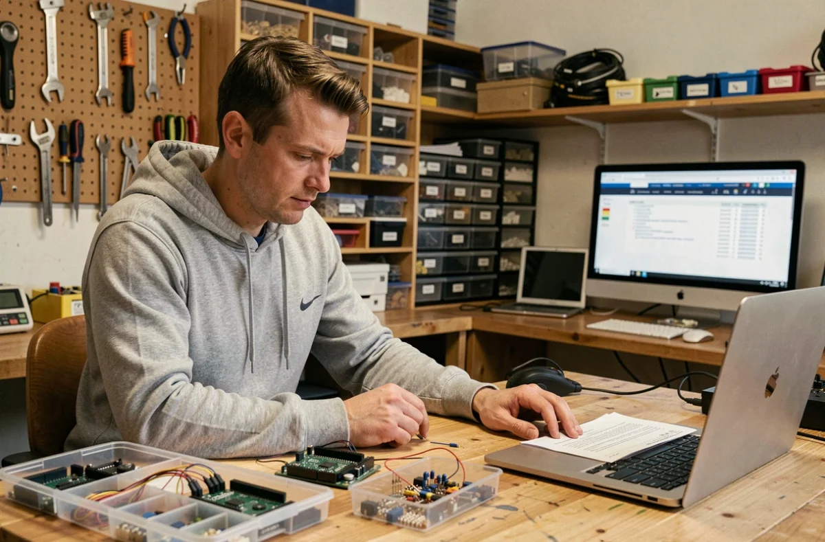 Maker adulte consultant une liste d'outils Arduino sur son ordinateur dans un atelier électronique fait maison