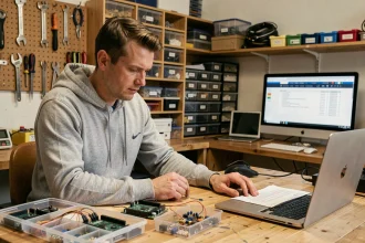 Maker adulte consultant une liste d'outils Arduino sur son ordinateur dans un atelier électronique fait maison