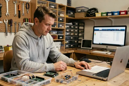 Maker adulte consultant une liste d'outils Arduino sur son ordinateur dans un atelier électronique fait maison
