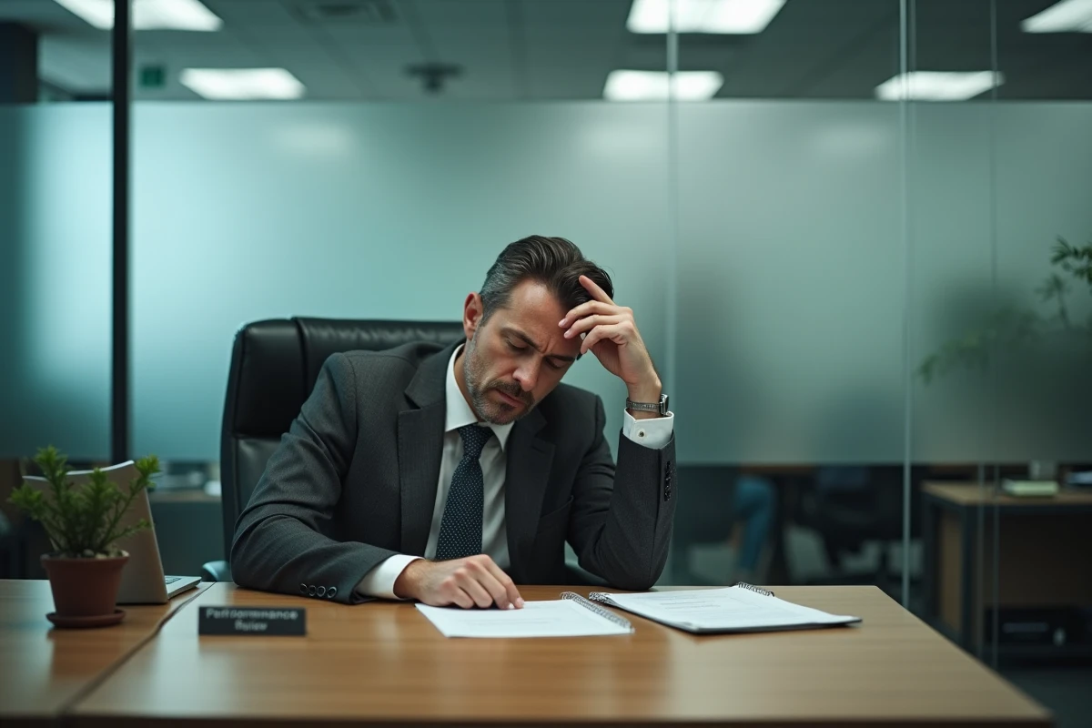 Manager isolé dans son bureau vitré examinant une évaluation de performance négative, métaphore visuelle de la loi de Peters et de l'échec professionnel