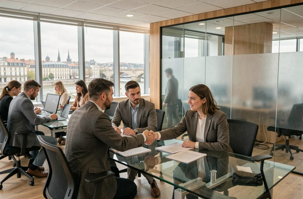 Vue d'ensemble d'un cabinet de recrutement moderne à Lyon avec des professionnels au travail