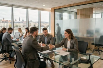 Vue d'ensemble d'un cabinet de recrutement moderne à Lyon avec des professionnels au travail