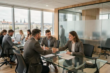 Vue d'ensemble d'un cabinet de recrutement moderne à Lyon avec des professionnels au travail