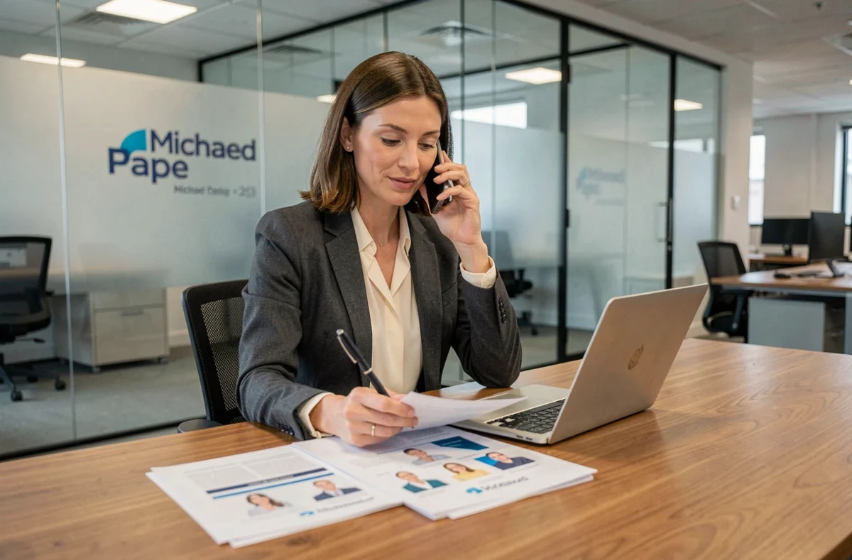 Recruteuse Michael Page analysant un portfolio de candidat dans un bureau moderne
