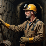 Mineur en tenue de sécurité vérifiant un mur de mine