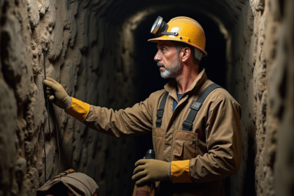 Mineur en tenue de sécurité vérifiant un mur de mine