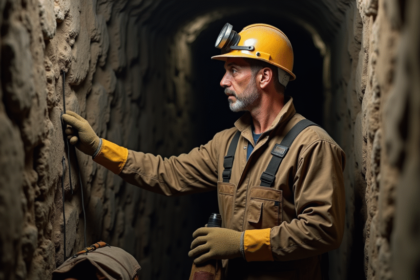 Mineur en tenue de sécurité vérifiant un mur de mine