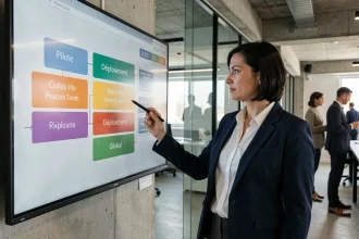 Responsable de projet présentant une feuille de route de déploiement en plusieurs phases sur un écran mural dans un bureau moderne