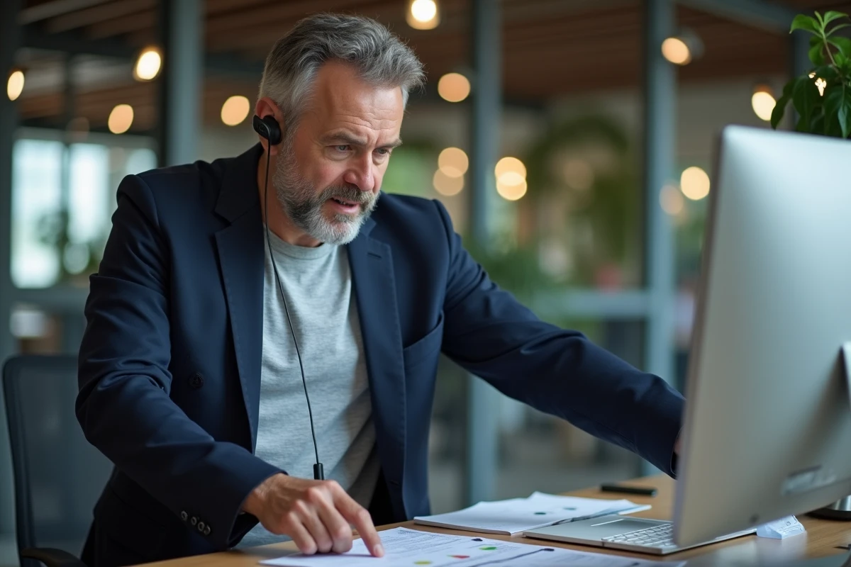 Professionnel freelance en mission administrative dans un espace de coworking moderne