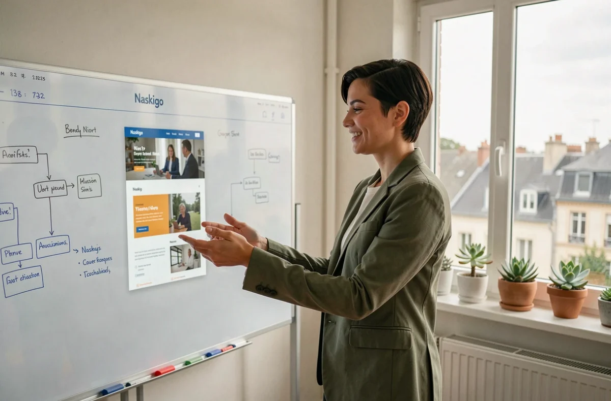 Conceptrice web de l'agence Naskigo à Niort présentant une maquette de site internet sur écran