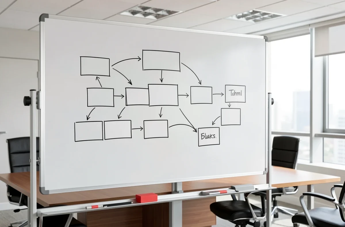 Organigramme d'entreprise dessiné sur un tableau blanc