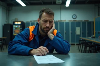 Ouvrier d'usine de nuit examinant son bulletin de salaire avec inquiétude dans une salle de pause industrielle à 2h30 du matin