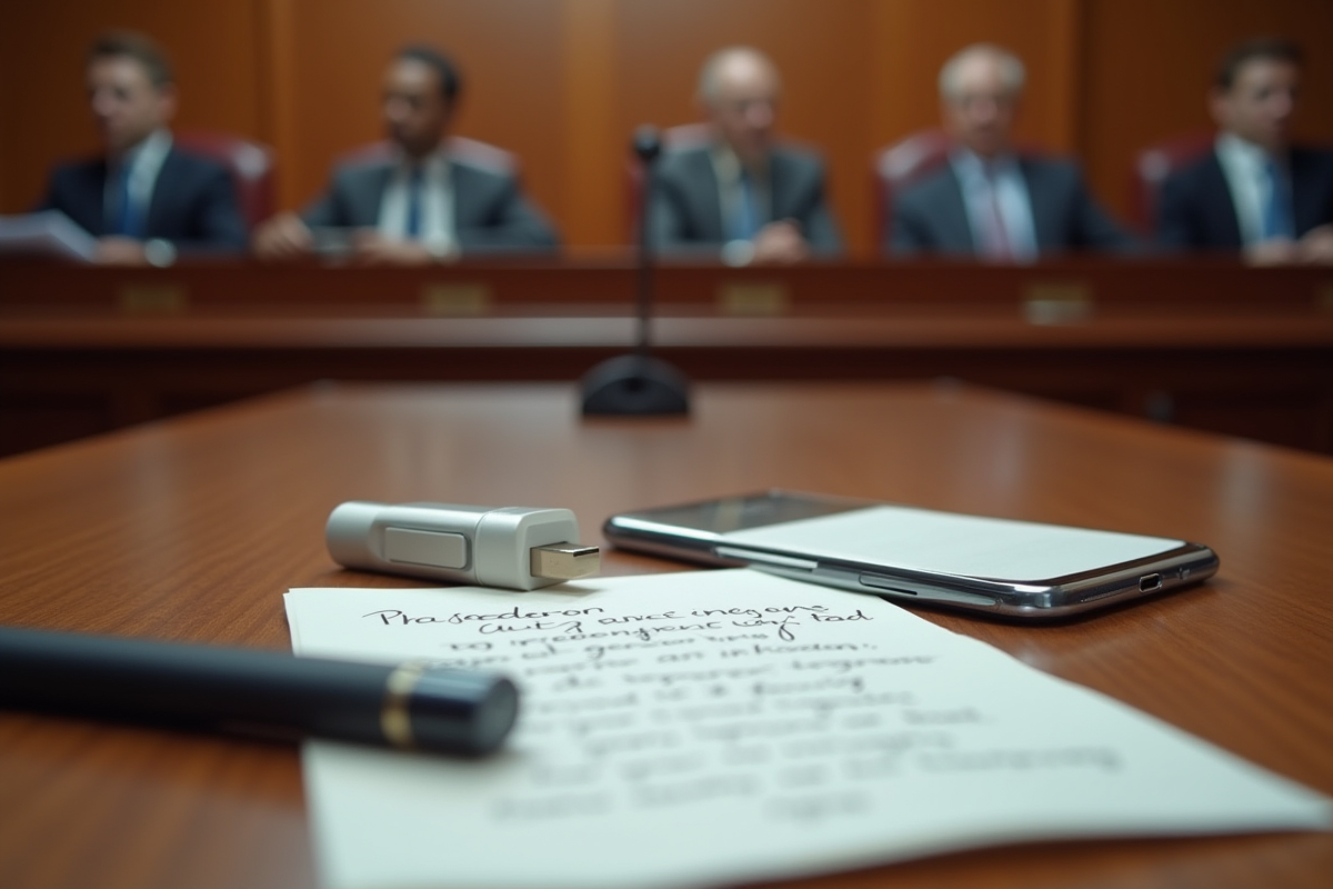 Scène de tribunal avec preuves sur la table et juges en arrière-plan