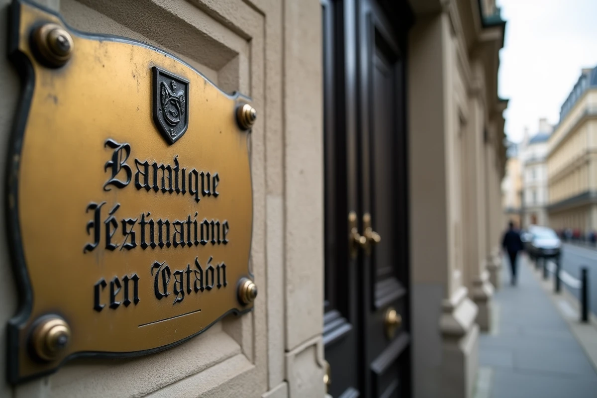 Plaque en laiton gravée d'un notaire fixée sur une façade en pierre parisienne, symbolisant l'identité juridique officielle du cabinet notarial