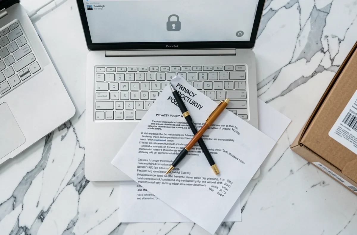 Vue aérienne d'un bureau avec documents de politique de confidentialité, cadenas et colis Chronopost