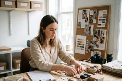 Femme préparant une sélection de produits et un brief avant une séance photo professionnelle