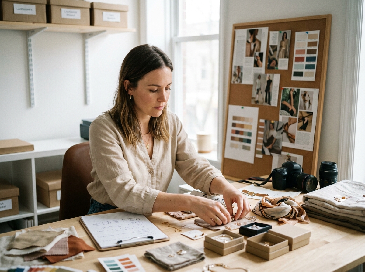 Femme préparant une sélection de produits et un brief avant une séance photo professionnelle