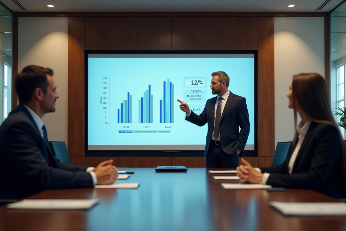 Homme présentant une analyse de coûts à ses collègues en réunion