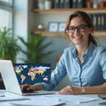 Professionnel souriant au bureau avec carte digitale et drapeaux