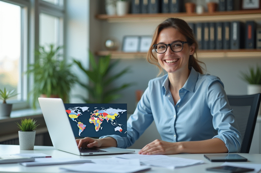 Professionnel souriant au bureau avec carte digitale et drapeaux