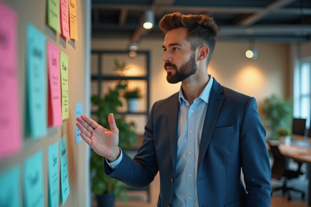 Homme en costume dans un bureau moderne avec tableau d'idee