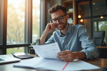 Professionnel confiant vérifiant sa fiche de paie au bureau