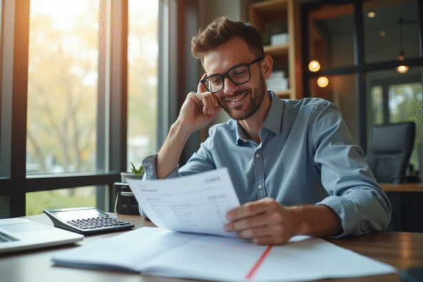 Professionnel confiant vérifiant sa fiche de paie au bureau