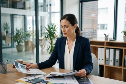 Professionnelle examinant des brochures marketing imprimées sur un bureau moderne pour optimiser son budget communication