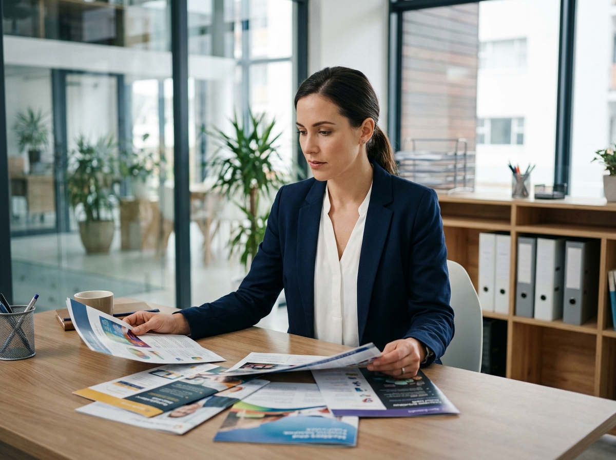 Professionnelle examinant des brochures marketing imprimées sur un bureau moderne pour optimiser son budget communication