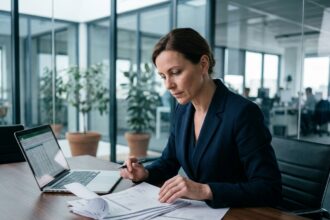 Professionnelle en cabinet examinant des factures impayées sur un bureau en bois dans un open-space juridique