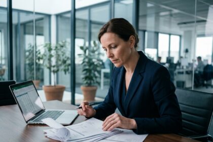 Professionnelle en cabinet examinant des factures impayées sur un bureau en bois dans un open-space juridique