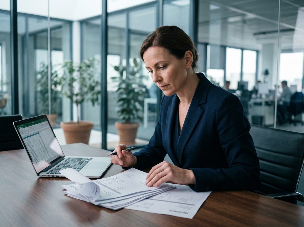 Professionnelle en cabinet examinant des factures impayées sur un bureau en bois dans un open-space juridique