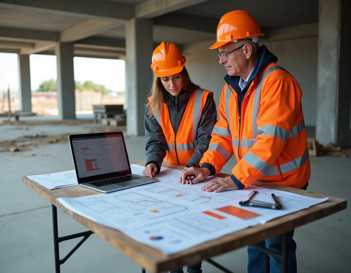 Deux professionnels du BTP analysant des plans et un tableau de bord de gestion de chantier sur ordinateur