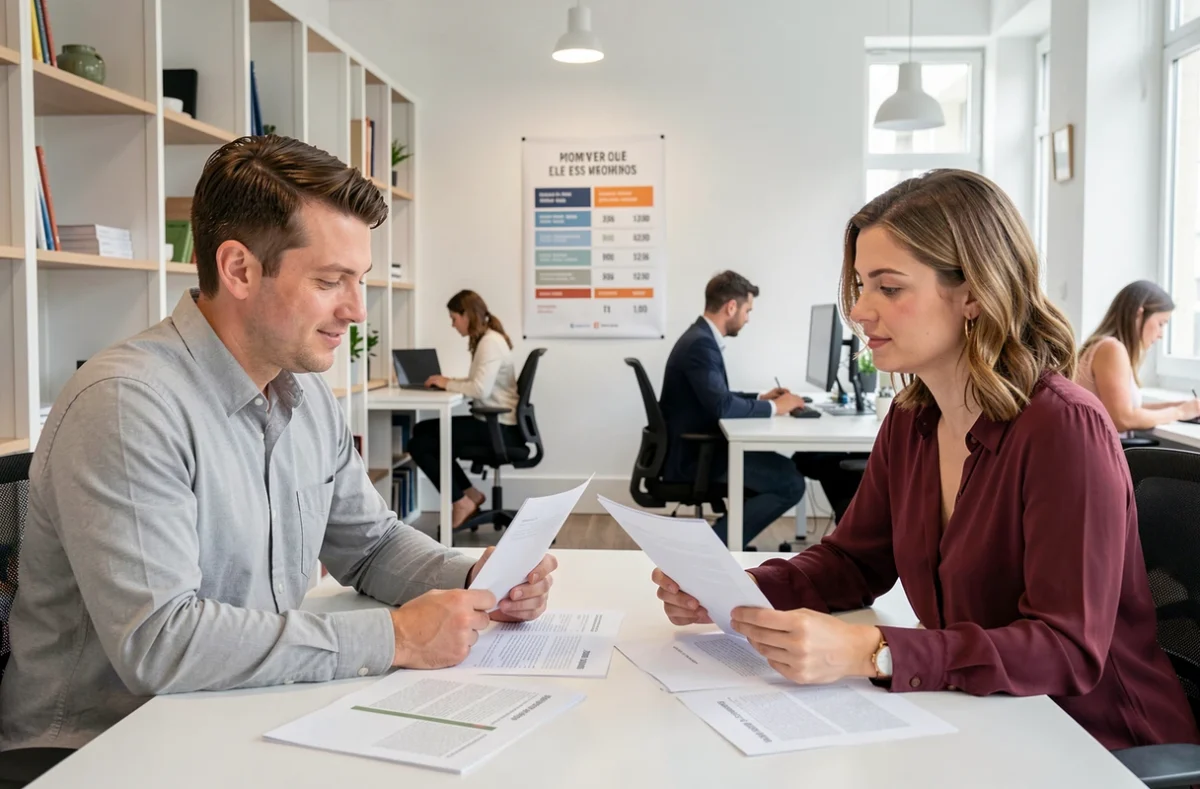 Deux professionnels discutant d'un projet dans un espace de coworking partagé à Reims avec affichage des tarifs au mur