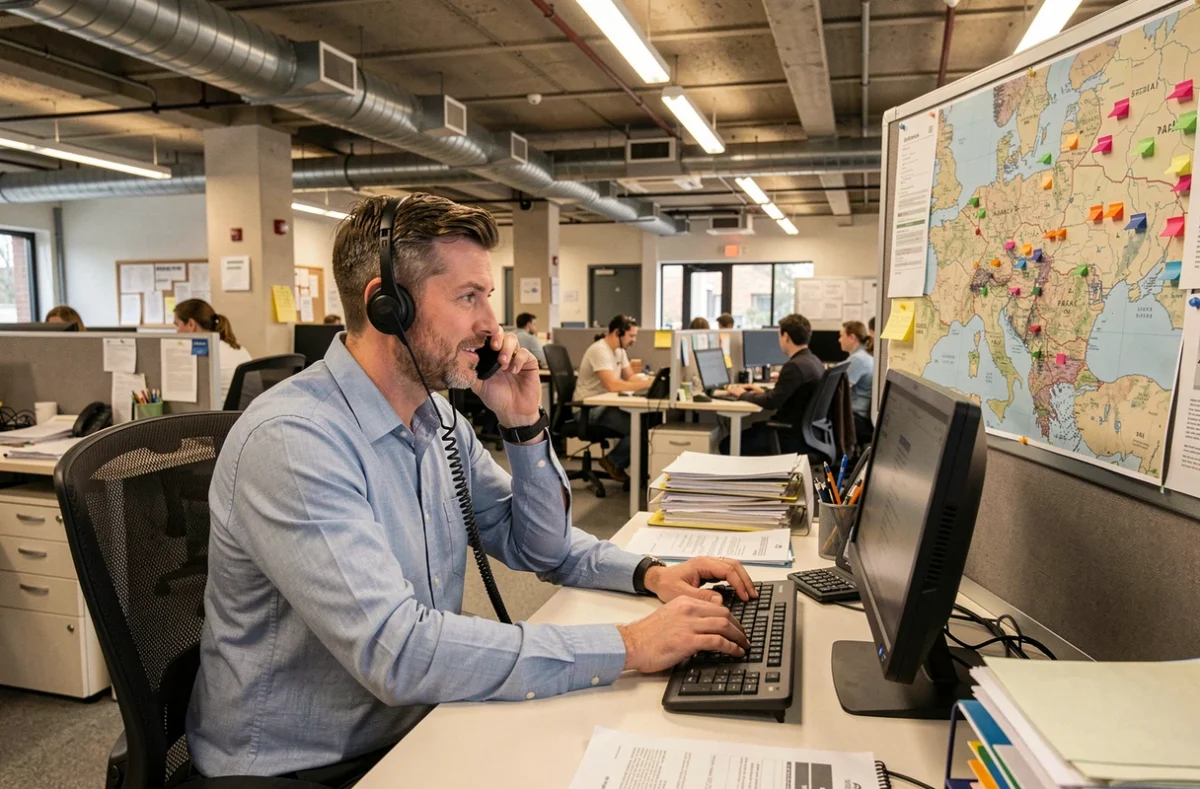 Coordinateur RAS Intérim PACA en communication téléphonique dans un bureau d'agence d'emploi animé