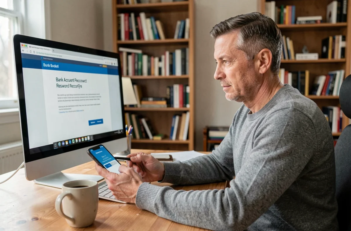 Homme utilisant son téléphone pour récupérer un mot de passe perdu sur son compte bancaire en ligne à domicile