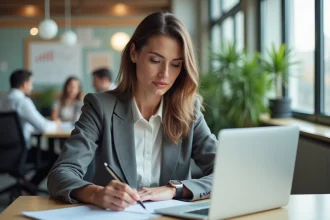 Femme cadre en blazer examinant un document professionnel dans un bureau moderne, illustrant la prise de décision face au contrat de professionnalisation