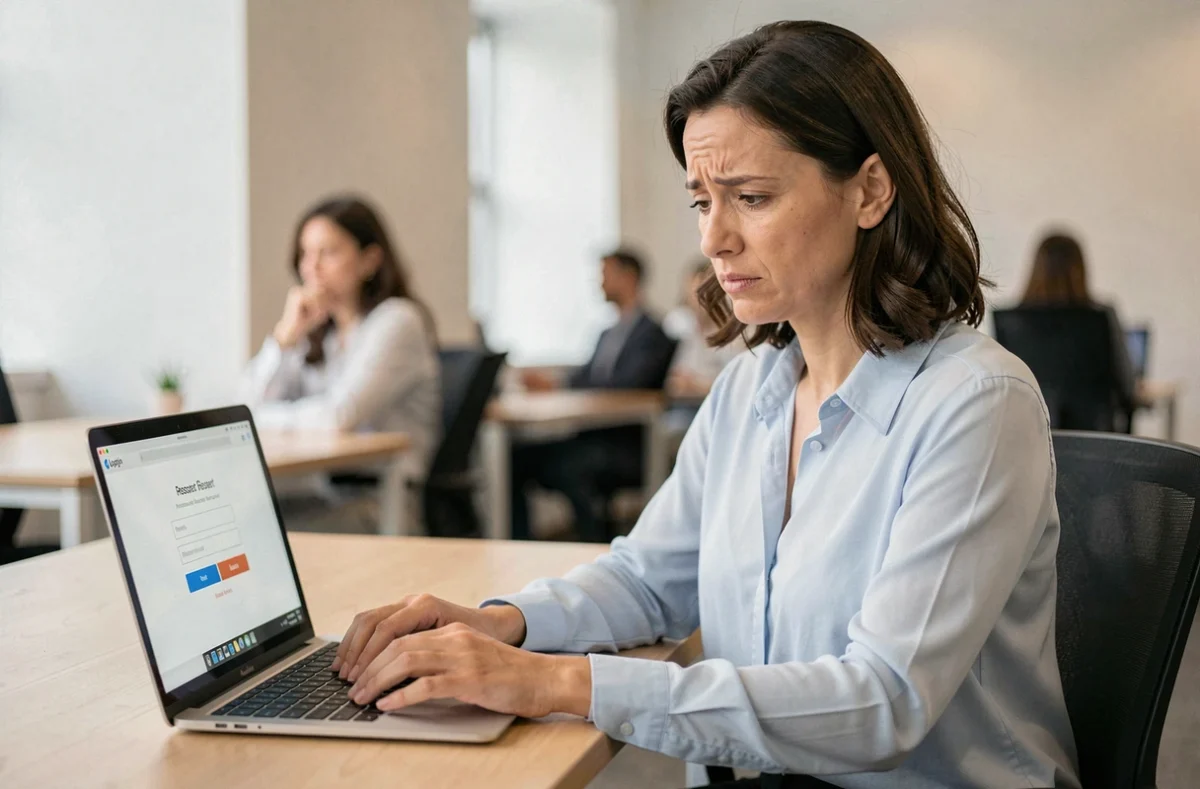 Femme professionnelle réinitialisant son mot de passe sur un compte bancaire en ligne depuis son bureau