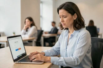 Femme professionnelle réinitialisant son mot de passe sur un compte bancaire en ligne depuis son bureau