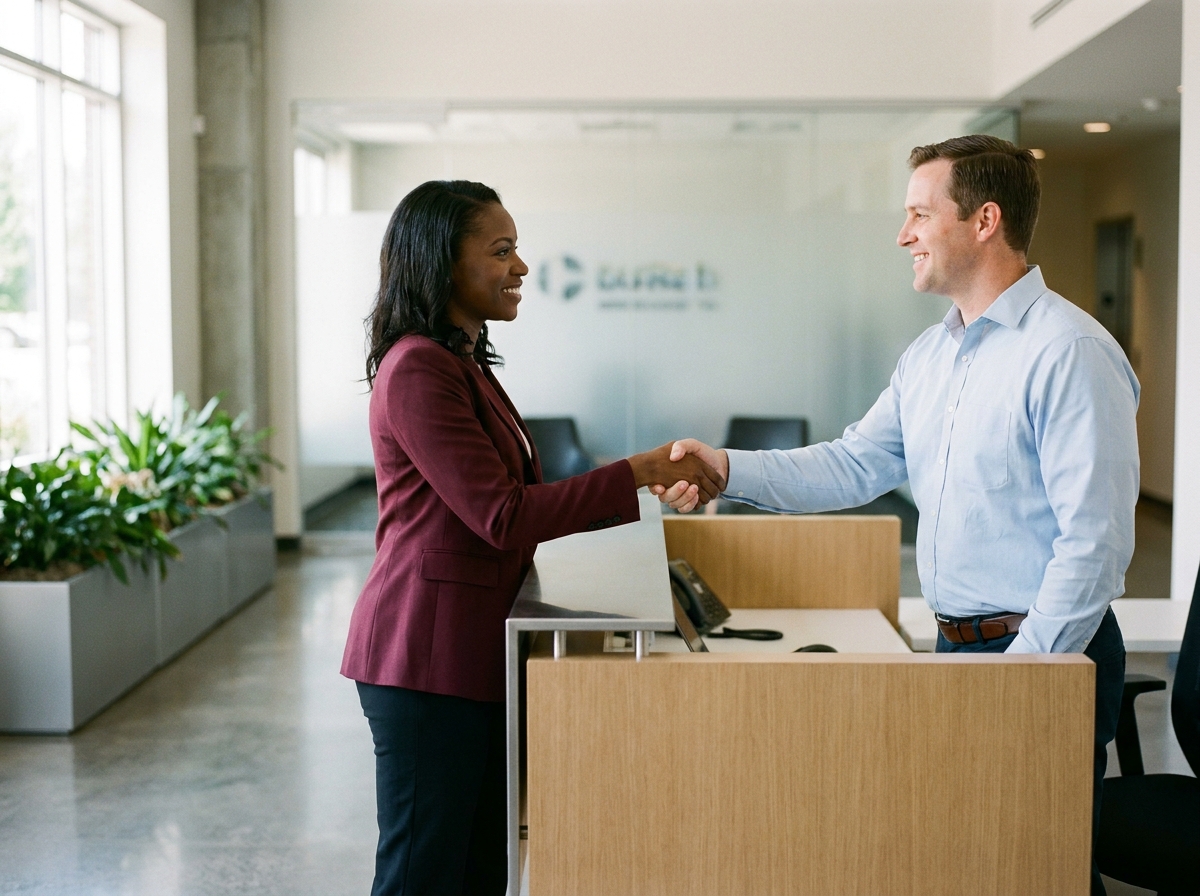 Poignée de main chaleureuse entre un professionnel et un client fidèle dans le hall d'une entreprise moderne