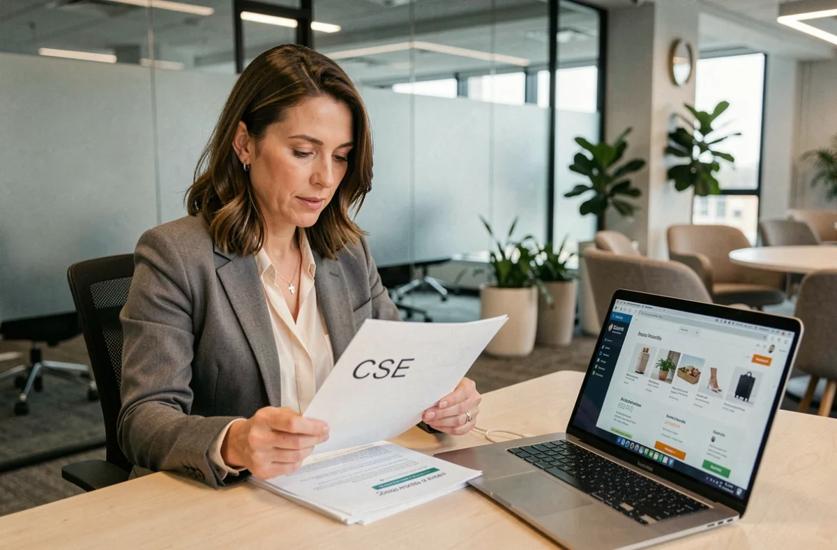 Responsable CSE en entreprise consultant des documents et un portail avantages salariés sur ordinateur portable au bureau