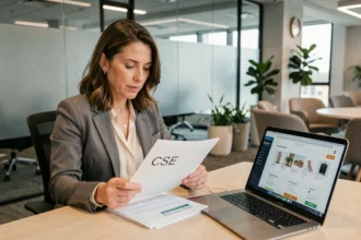 Responsable CSE en entreprise consultant des documents et un portail avantages salariés sur ordinateur portable au bureau
