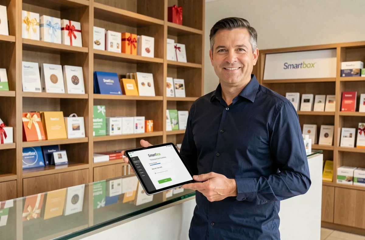 Responsable d'établissement partenaire Smartbox consultant son compte sur une tablette à la réception