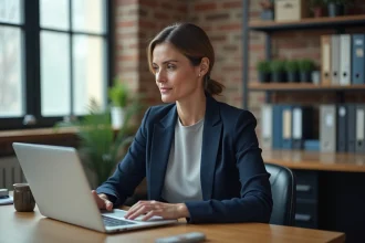 Responsable de PME utilisant un logiciel RH sur ordinateur portable dans un bureau moderne et organisé