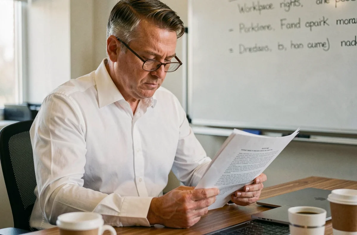 Responsable RH examinant un document juridique lié au harcèlement moral et à la discrimination au travail selon l'article L1132-1