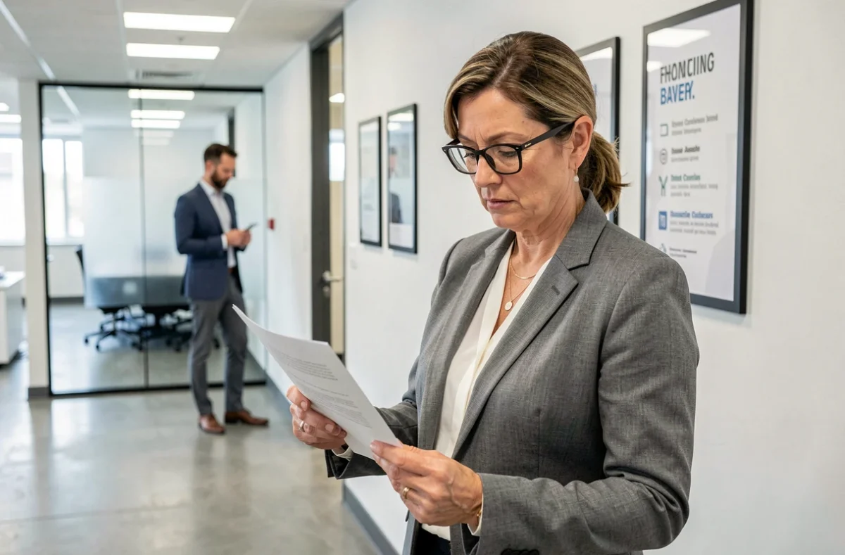 Responsable RH féminine consultant un document dans un couloir d'entreprise, illustrant la gestion des ressources humaines face à la consommation d'alcool au travail