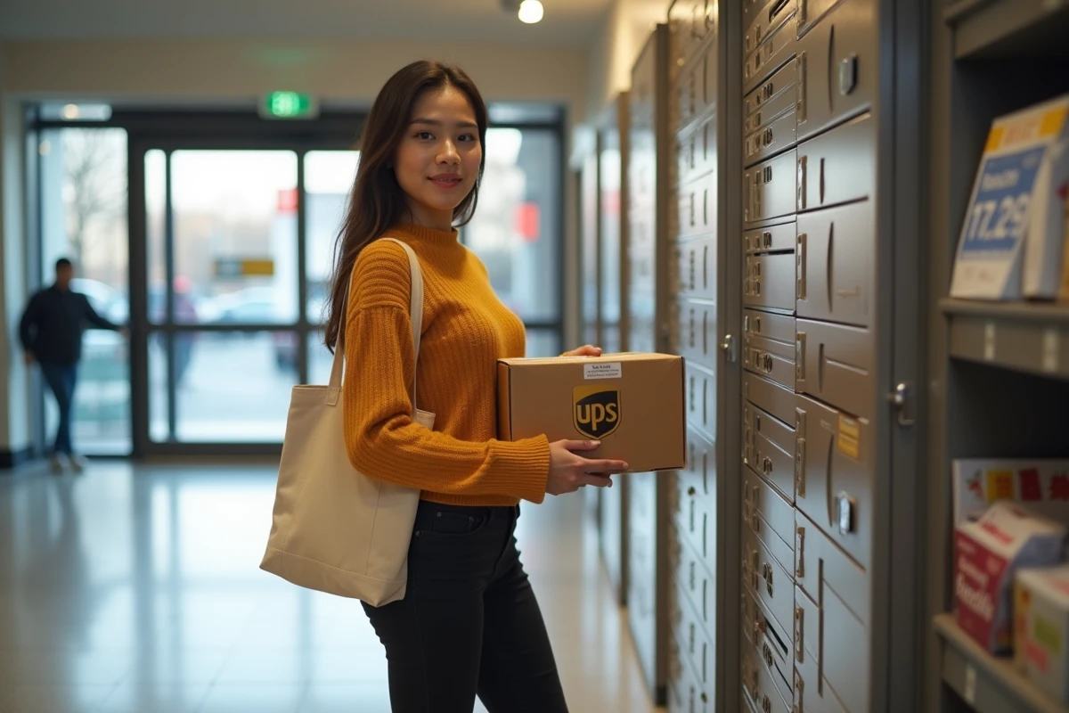 Une femme récupère un colis dans une consigne UPS automatique à l'entrée d'un supermarché