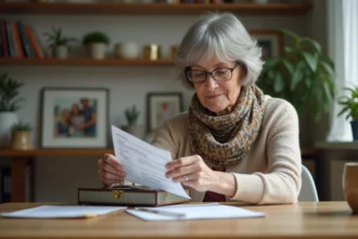 Femme retraitée rangeant des documents dans une boîte élégante