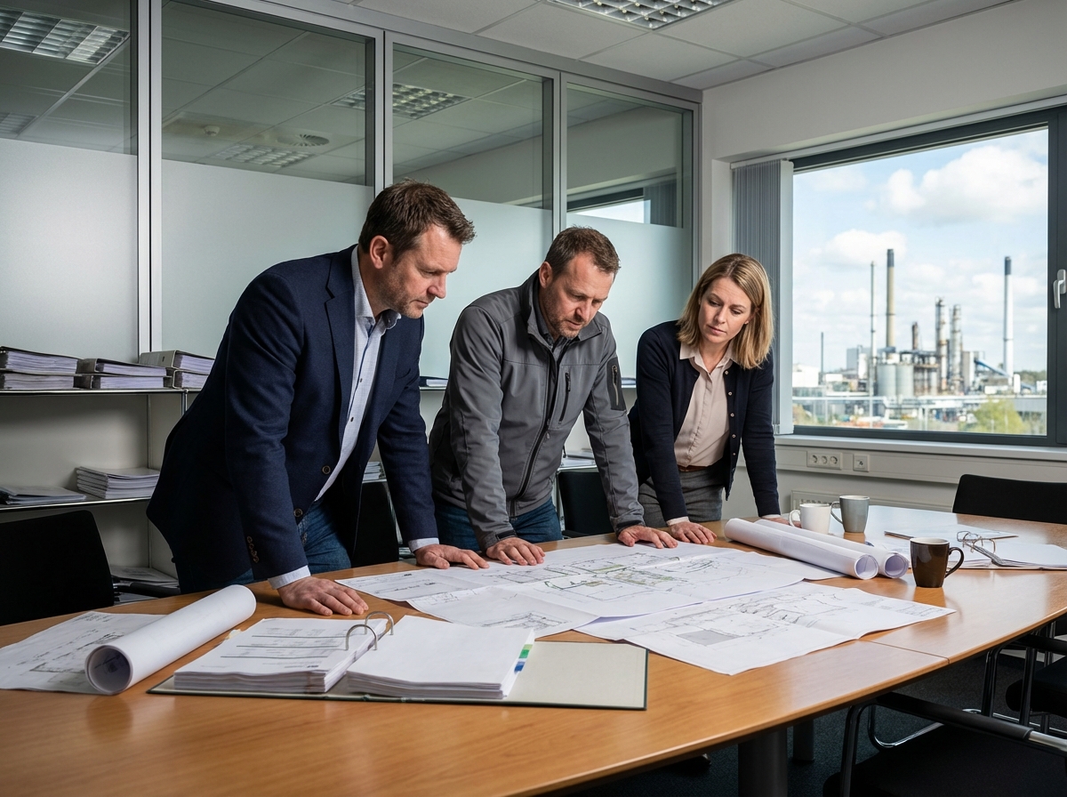 Groupe de professionnels examinant plans en réunion