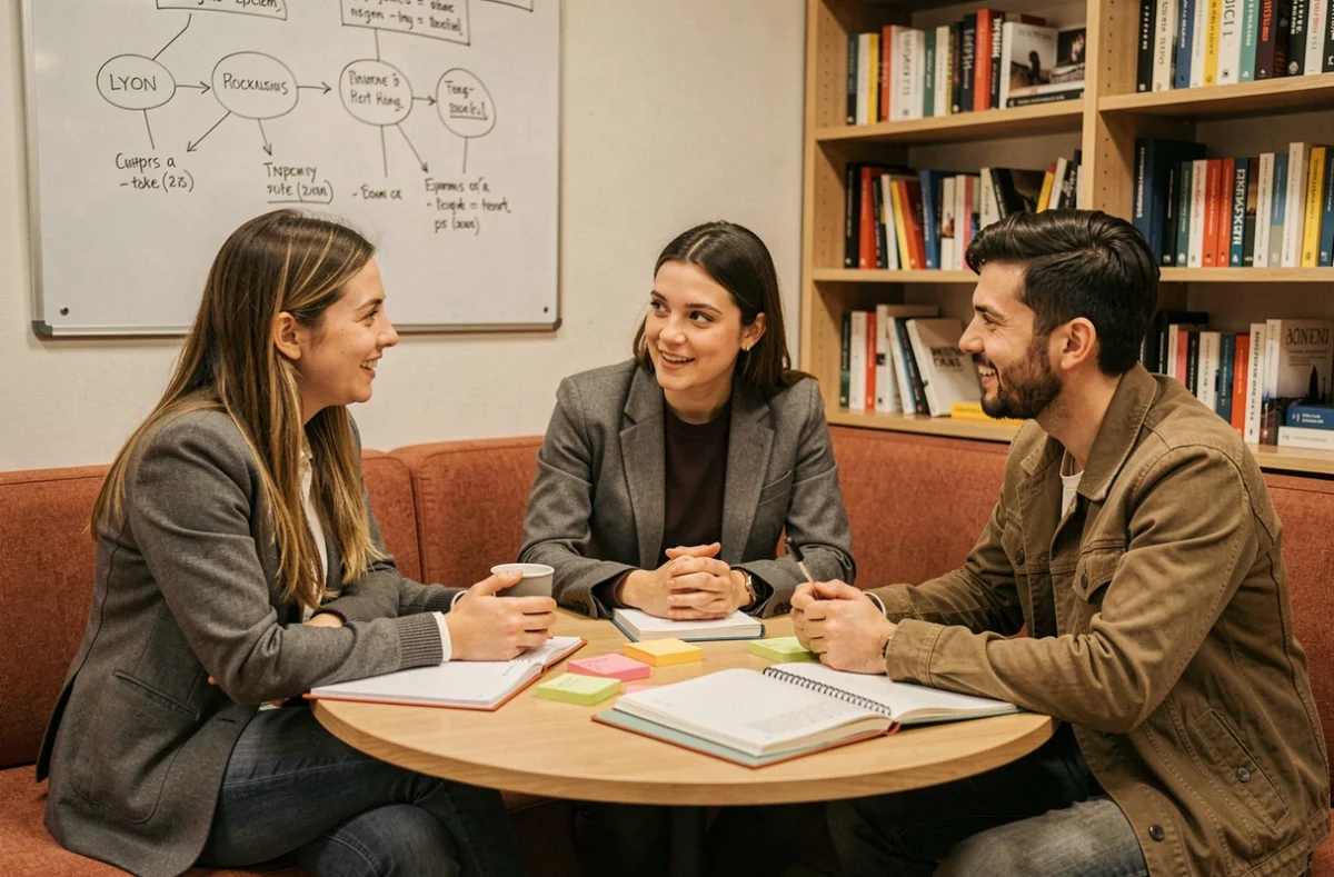 Groupe de jeunes professionnels en réunion collaborative autour d'une table ronde dans un coin coworking à Lyon avec tableau blanc et notes adhésives
